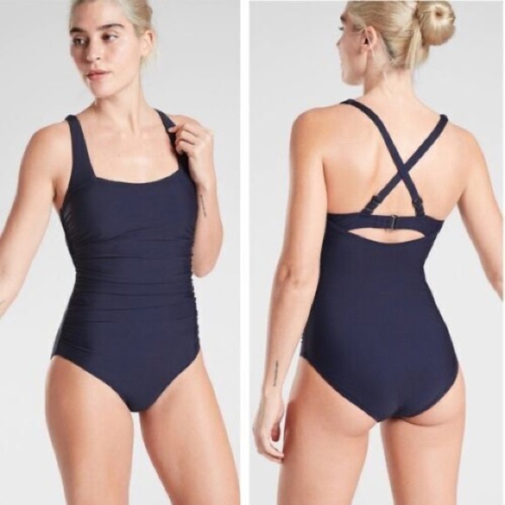 Athleta Square Neck One Piece Swimsuit Navy Blue Medium - Picture 8 of 8
